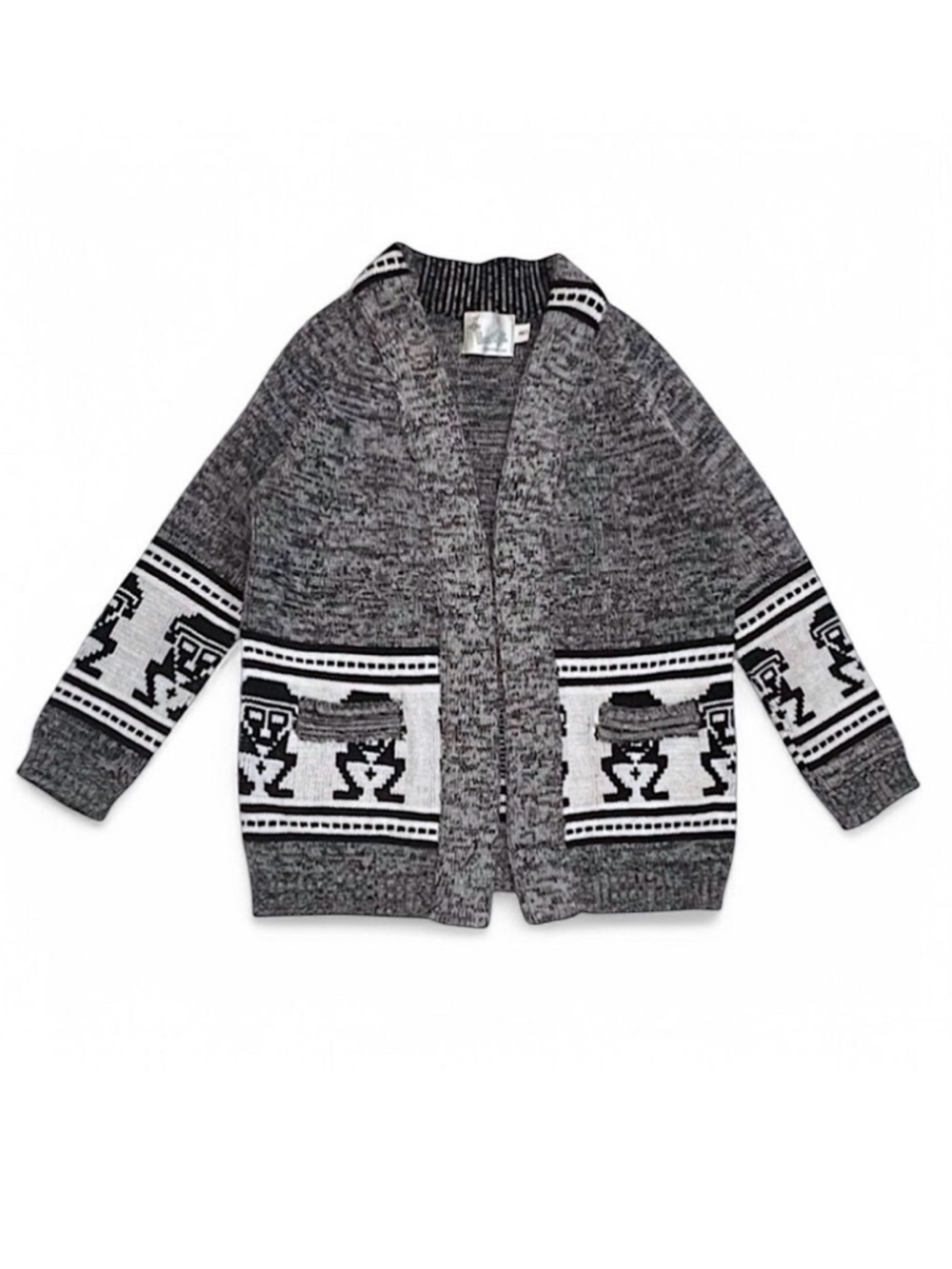 Alpaca Cardigan Grey Inca Geometric Tribal Figure Grandpa Sweater Size Large
